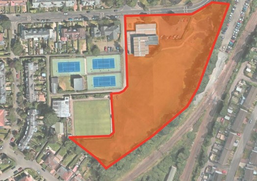 The available space (orange) includes a level change at play park and car park edge. Beyond that there is open green space and an established tree boundary with roots