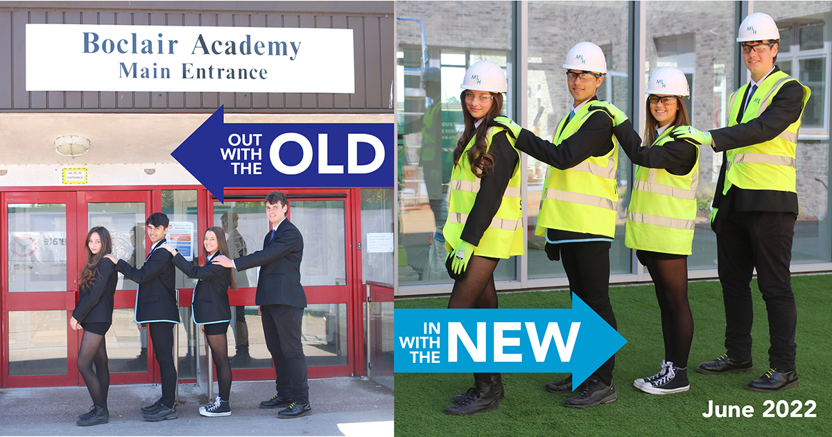  Councillor Low met staff, pupils and construction partners at the new Boclair Academy which will open in August for the start of the new term.