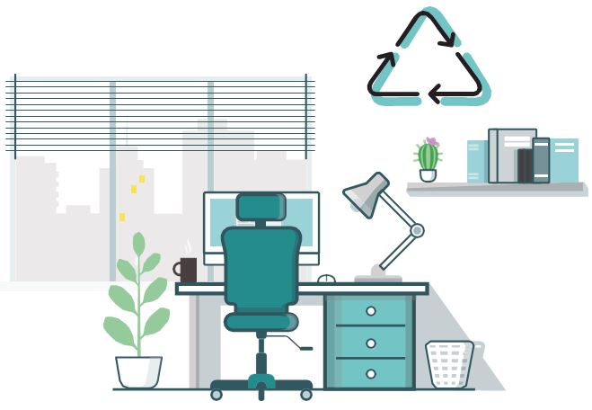office desk, computer and stationary with recycling sign on wall
