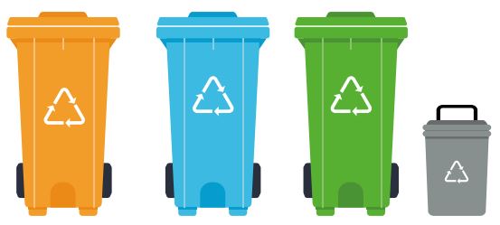 brown, blue, green and food waste recycling bins