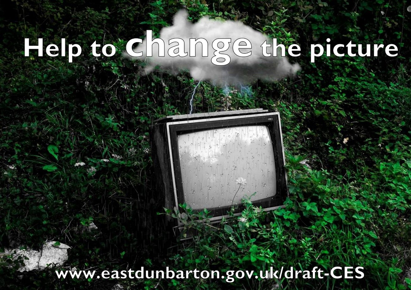 television sitting in a bush with the text 'help to change the picture'