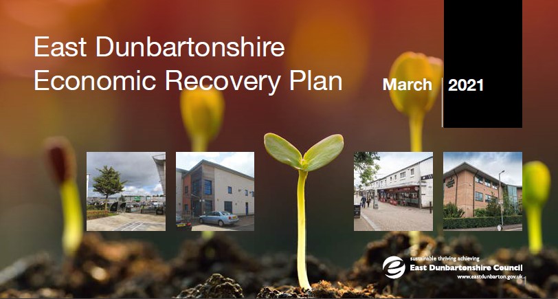Economic Recovery Plan Cover containing images of buildings in east dunbartonshire on a plant background