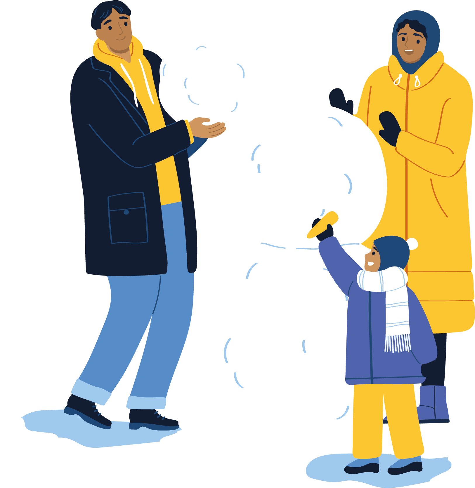 Two adults and one child making a snow man