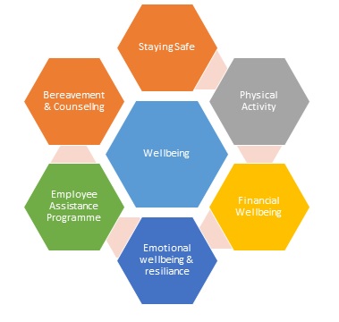 wellbeing diagram - staying safe, bereavement and counselling, physical activity, wellbeing, financial wellbeing, emotional wellbeing and resilience, employee assistance programme