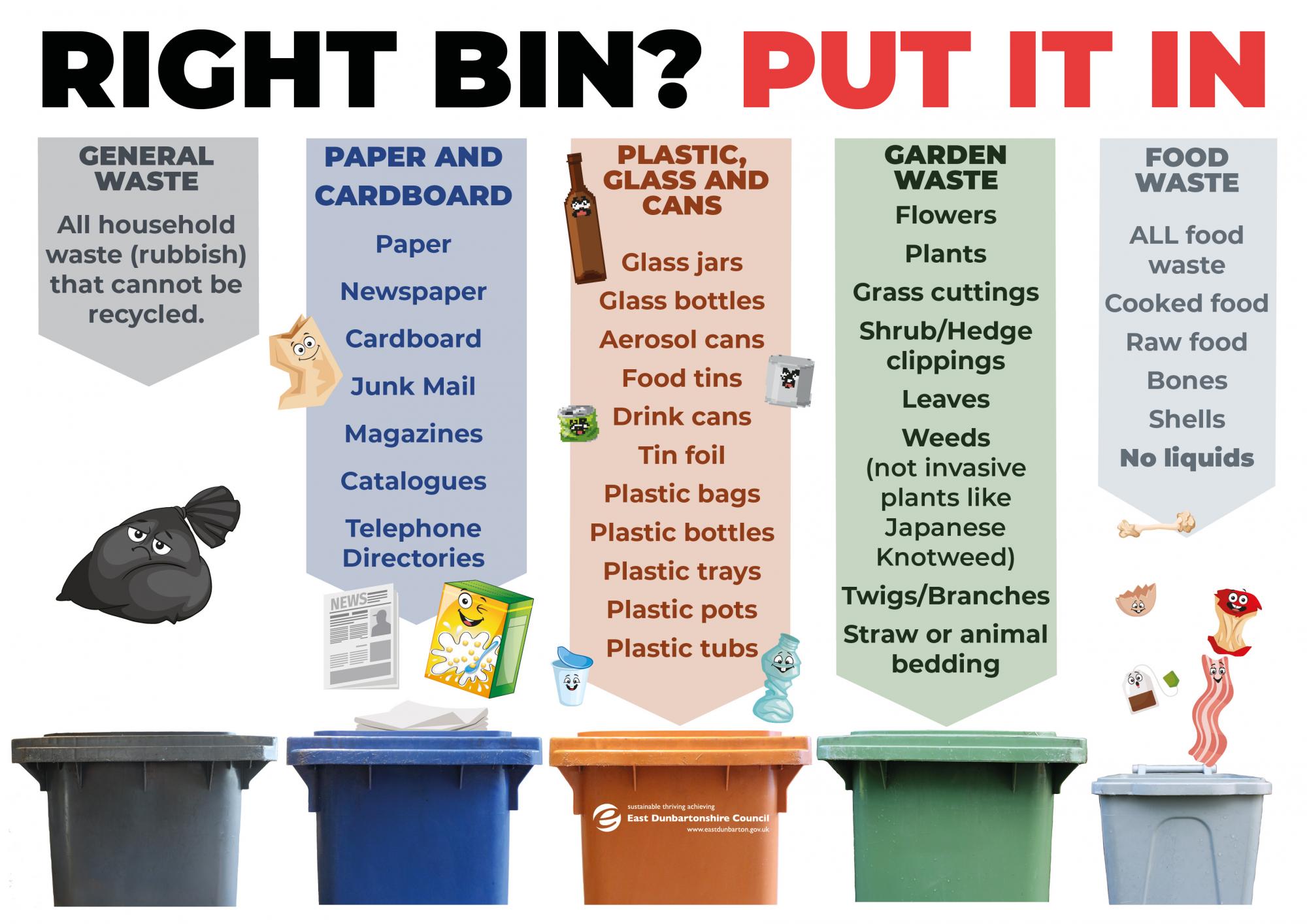 graphic showing which items go in each of the different coloured waste bins