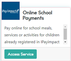 Screenshot of iPayimpact Online School Payments - pay online for school meals, services or activities for children already registered in ipayimpact