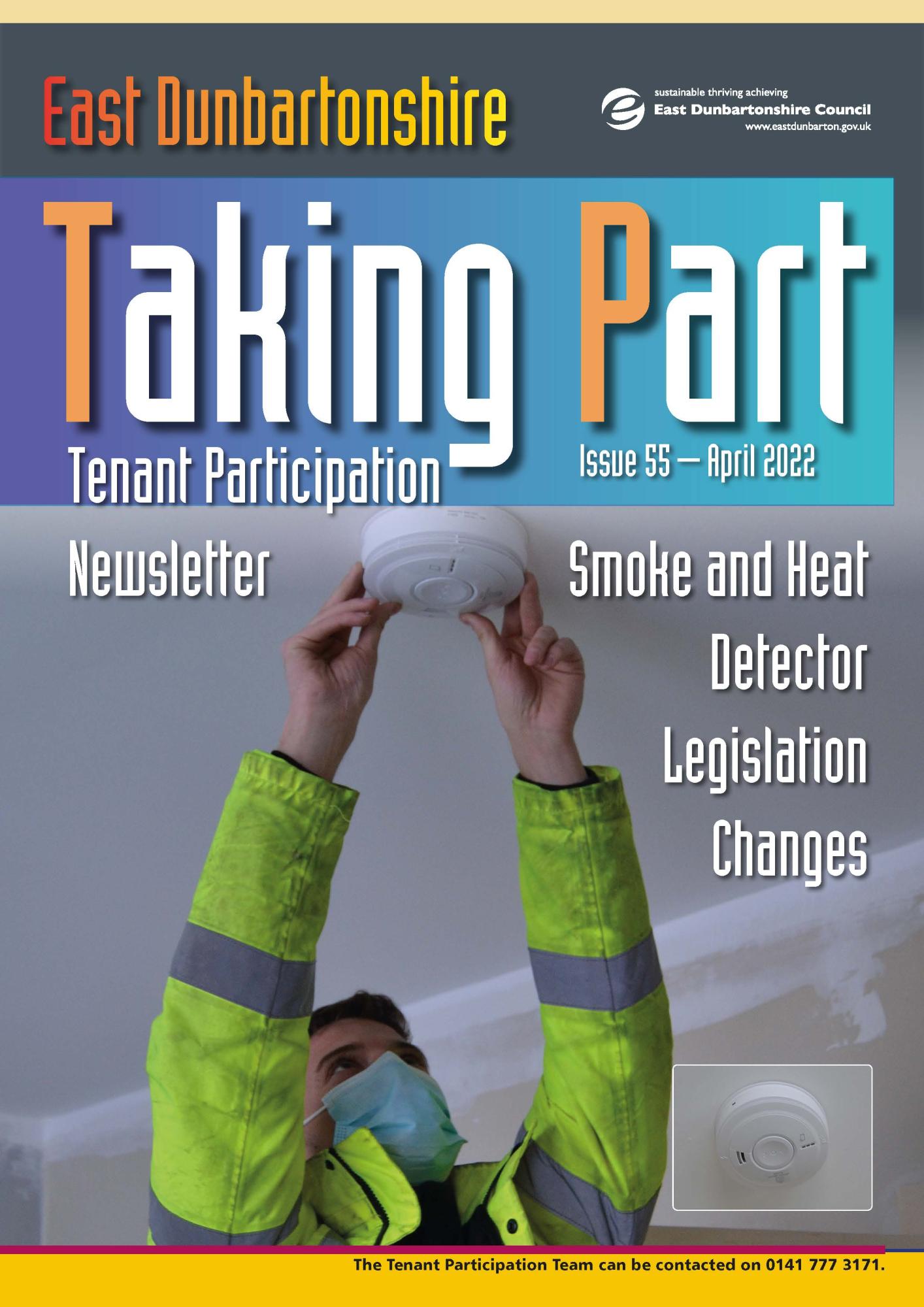 tenant participation newsletter april 2022 issue front cover showing man in high vis fitting a smoke alarm