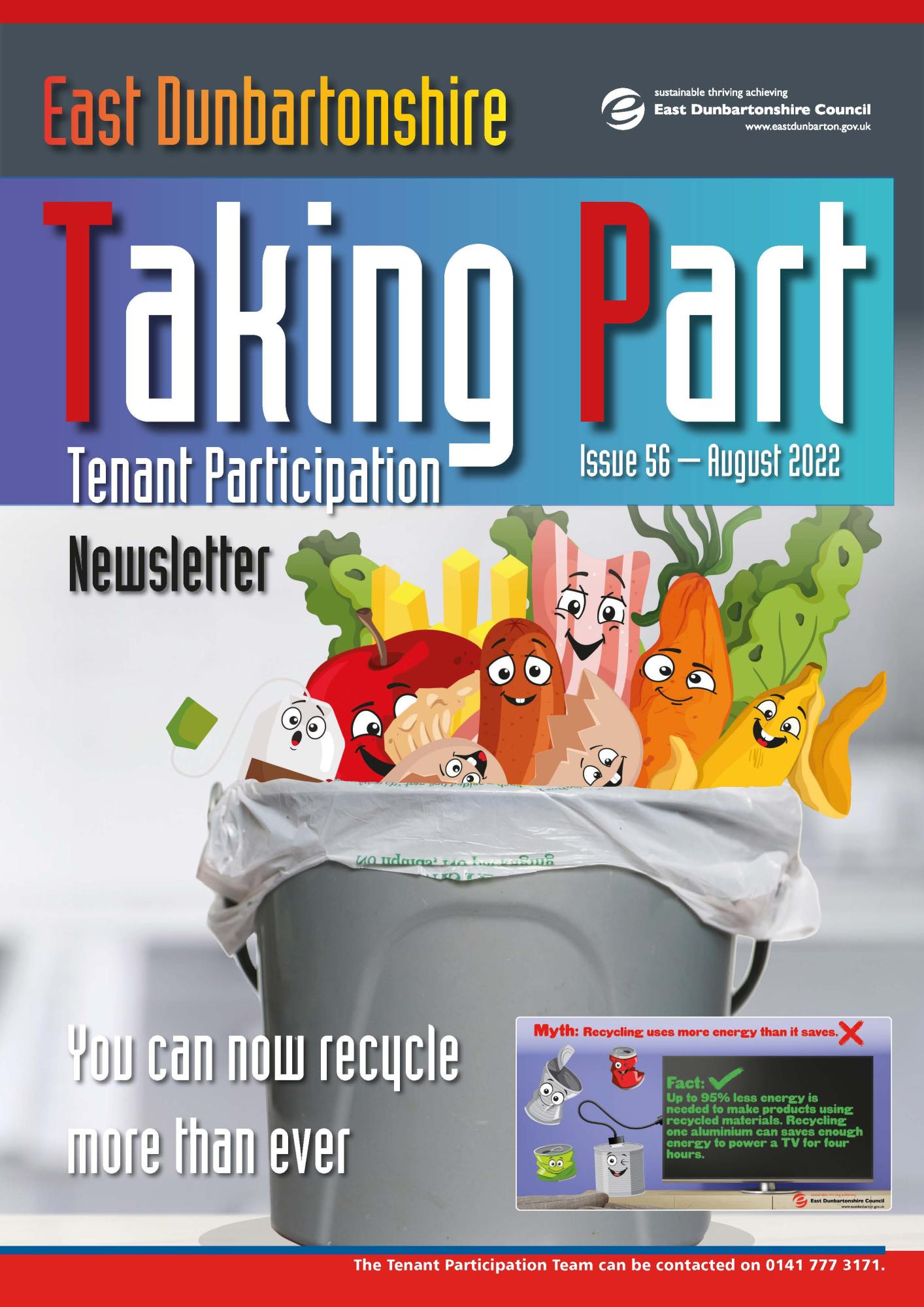 tenant participation newsletter august 2022 issue front cover showing recycling food caddy with vegetables and fruit in it