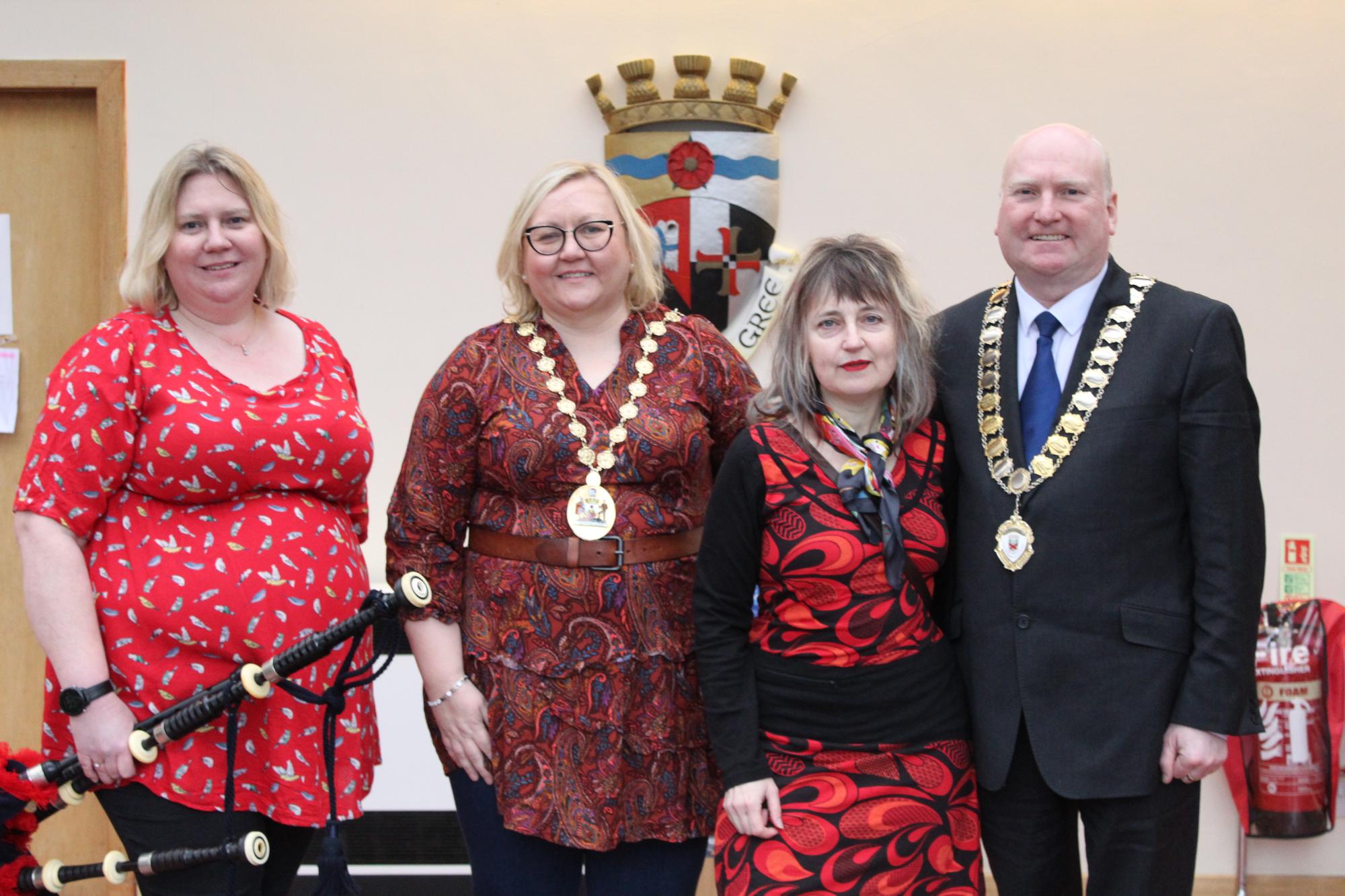 Official opening of exhibition with artist Karen Strang, East Dunbartonshire Provost Gillian Renwick and Clackmannanshire Provost Donald Balsillie 