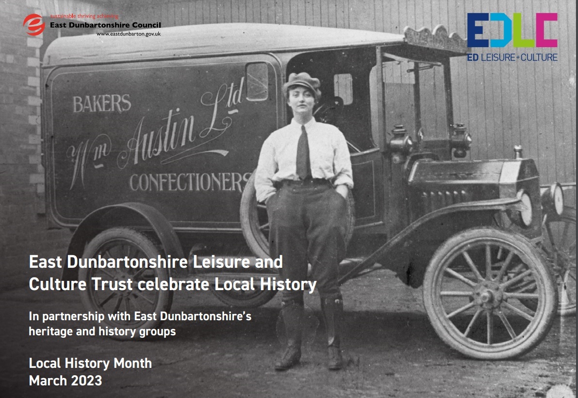 EDLC Local History Month brochure - front cover showing an archive photo of a woman in front of a confectioners van