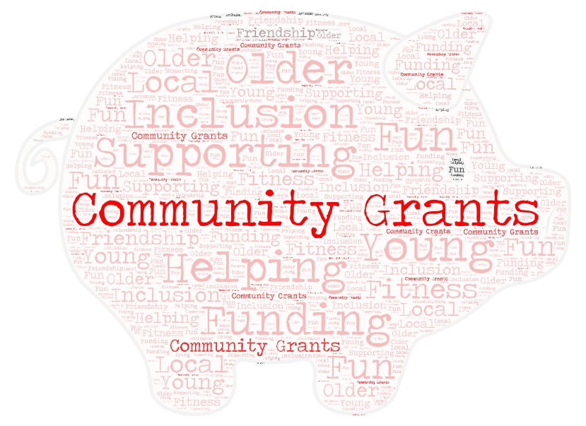 Image of a piggy bank with words including Community Grants, inclusion, supporting, older and local