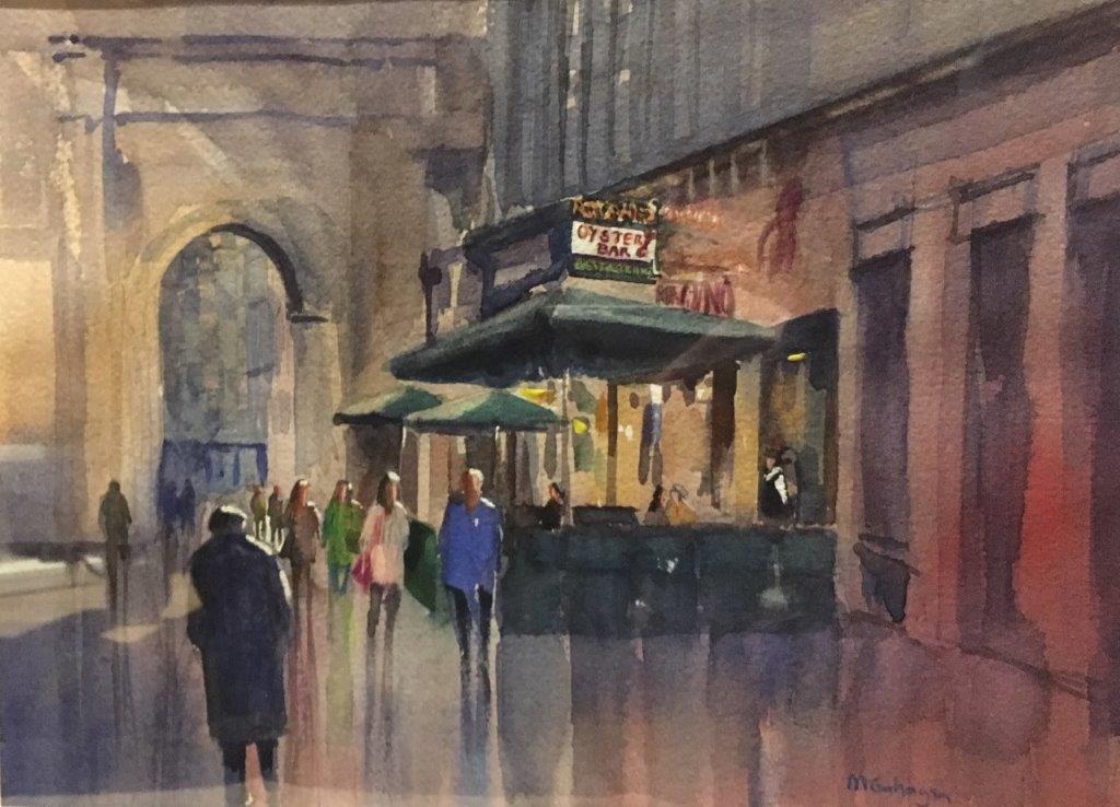 A watercolour by Michael Gahagan, entitled 'Street Life, The Rogano', which won the Anne Stevenson Memorial Prize in 2019