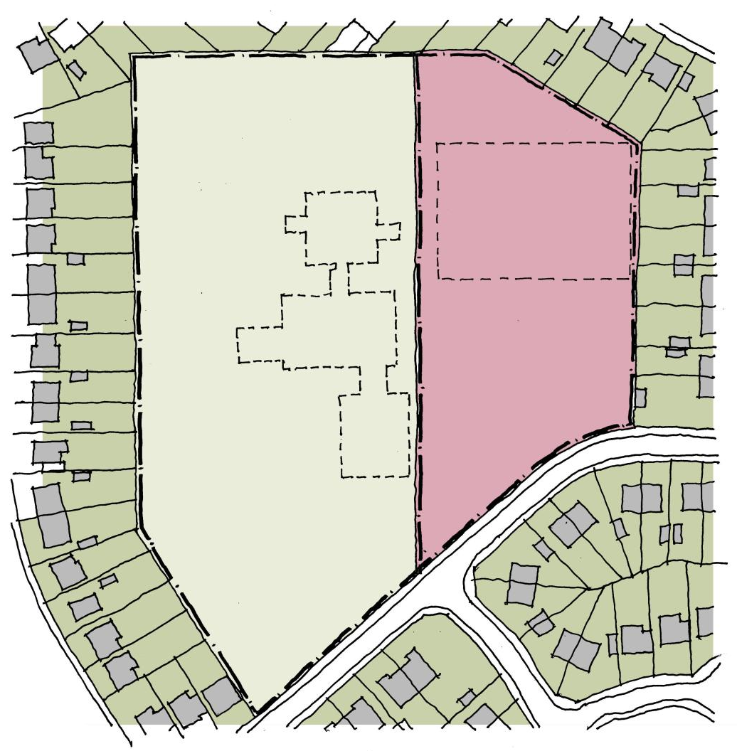 Plans from aerial view with buffer zone in red